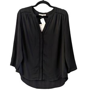 NEW Daniel Rainn Black Ladder Trim Roll Tab Blouse M Tunic Office Minimalist